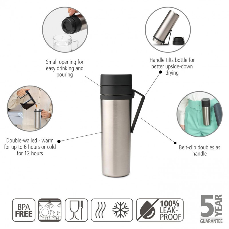 Μπουκάλι θερμότητας Brabantia Make&Take 1008487, 500 ml, διπλά τοιχώματα, χωρίς BPA, Inox/σκούρο γκρι