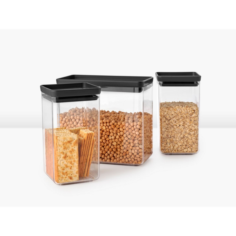 Κουτιά αποθήκευσης Brabantia Tasty+ Stackable 1008879, 2x1.6l+1x3.5l, BPA-free, Στεγανό κλείσιμο, Σκούρο γκρι