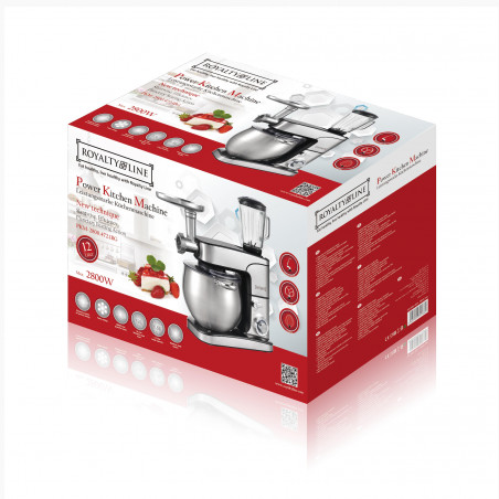 Κουζινομηχανή με ατσάλινο μπολ Royalty Line RL-PKM2800BG, 6 ταχύτητες, 2800W, 12 l, Μπλέντερ 1,5 λίτρο, Μίξερ, Μύλος κρέατος, Inox