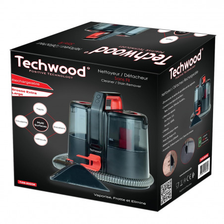 Ηλεκτρική σκούπα για ύφασμα Techwood TAN-8005R, 185W, Li-Ion 220 mAh, Ασύρματη χρήση, Δεξαμενή καθαρού και λυμάτων, 40 λεπτά αυτονομία, 2 ταχύτητες, Μαύρο/Κόκκινο