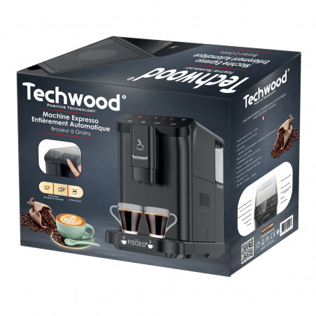 Μηχανή εσπρέσο Techwood TCA-1315AEX, 1350W, 15 bar, 1,5 l, 4 λειτουργίες, κουμπιά αφής, ενσωματωμένος μύλος καφέ με 15 ρυθμίσεις, Μαύρο