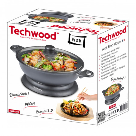 Ηλεκτρικό τηγάνι γουόκ Techwood TWF-306, 1400W, 3,6 l, 32x8 cm, Γυάλινο καπάκι, Θερμοστάτης, Αντικολλητική επίστρωση, Γκρι