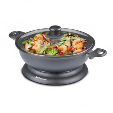 Ηλεκτρικό τηγάνι γουόκ Techwood TWF-306, 1400W, 3,6 l, 32x8 cm, Γυάλινο καπάκι, Θερμοστάτης, Αντικολλητική επίστρωση, Γκρι