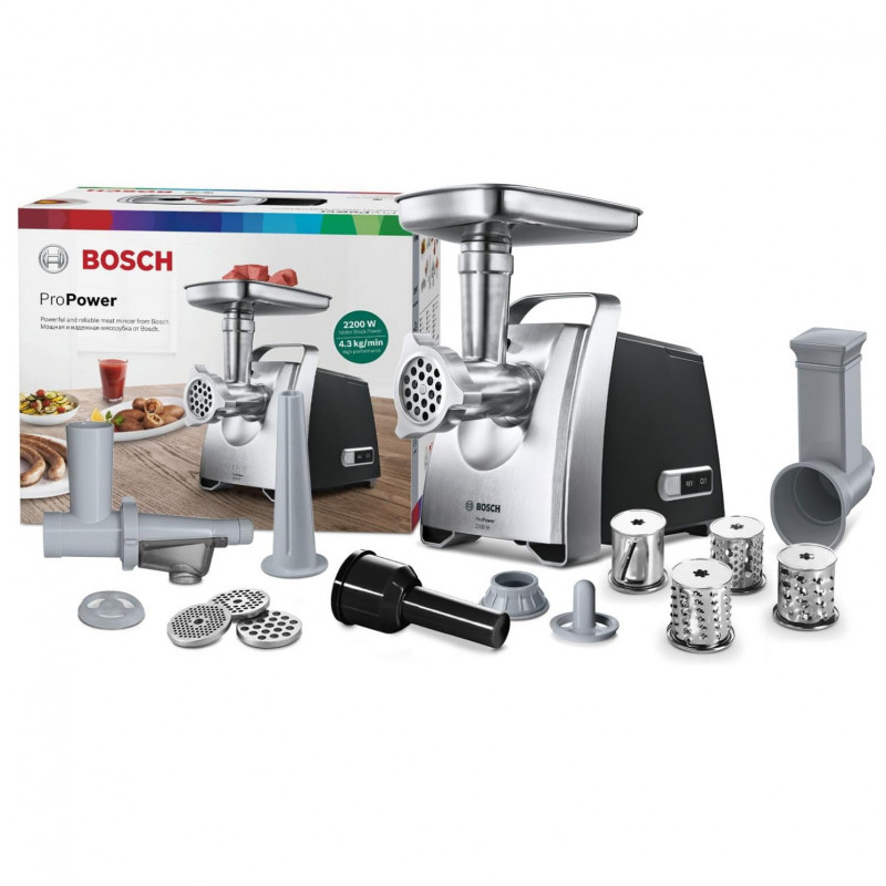 Κρεατομηχανή Bosch MFW68660, 2200W, εξάρτημα για ντομάτες και λουκάνικα, αντίστροφη λειτουργία, 4,3 kg/min, Inox