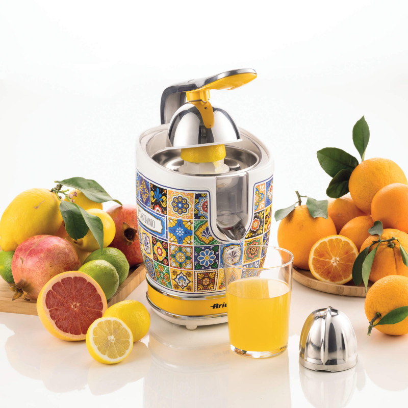 Πρέσα εσπεριδοειδών Ariete Positano JUICER 0413/0P, 85W, Μεταλλικό σώμα, Αθόρυβη λειτουργία, 2 εξαρτήματα, Λευκό/Κίτρινο