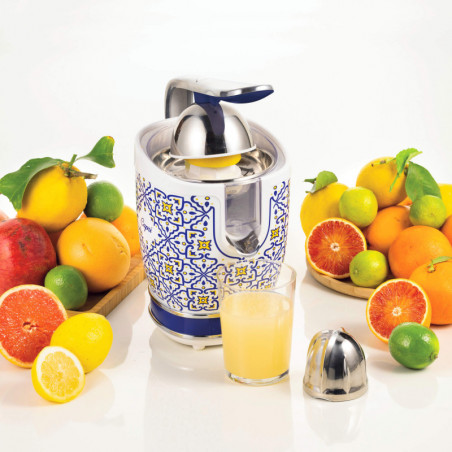 Πρέσα εσπεριδοειδών Ariete VINTAGE JUICER 0413/0C, 85W, Μεταλλικό σώμα, Αθόρυβη λειτουργία, 2 εξαρτήματα, Λευκό/μπλε