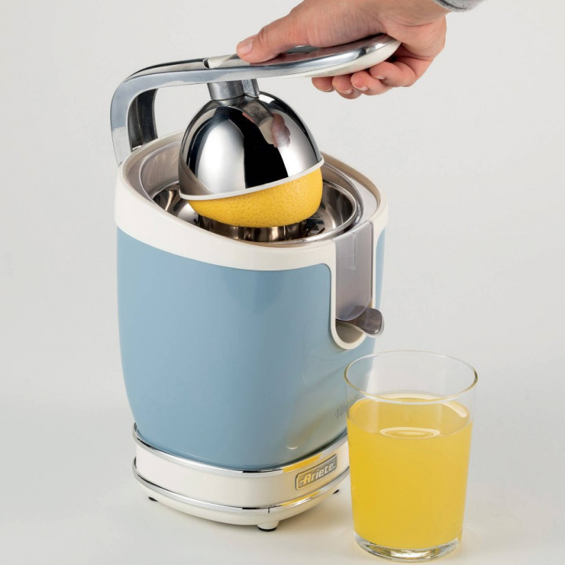 Πρέσα εσπεριδοειδών Ariete VINTAGE JUICER 0413/05, 85W, Μεταλλικό σώμα, Αθόρυβη λειτουργία, 2 εξαρτήματα, Μπλε