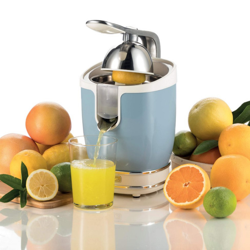 Πρέσα εσπεριδοειδών Ariete VINTAGE JUICER 0413/05, 85W, Μεταλλικό σώμα, Αθόρυβη λειτουργία, 2 εξαρτήματα, Μπλε