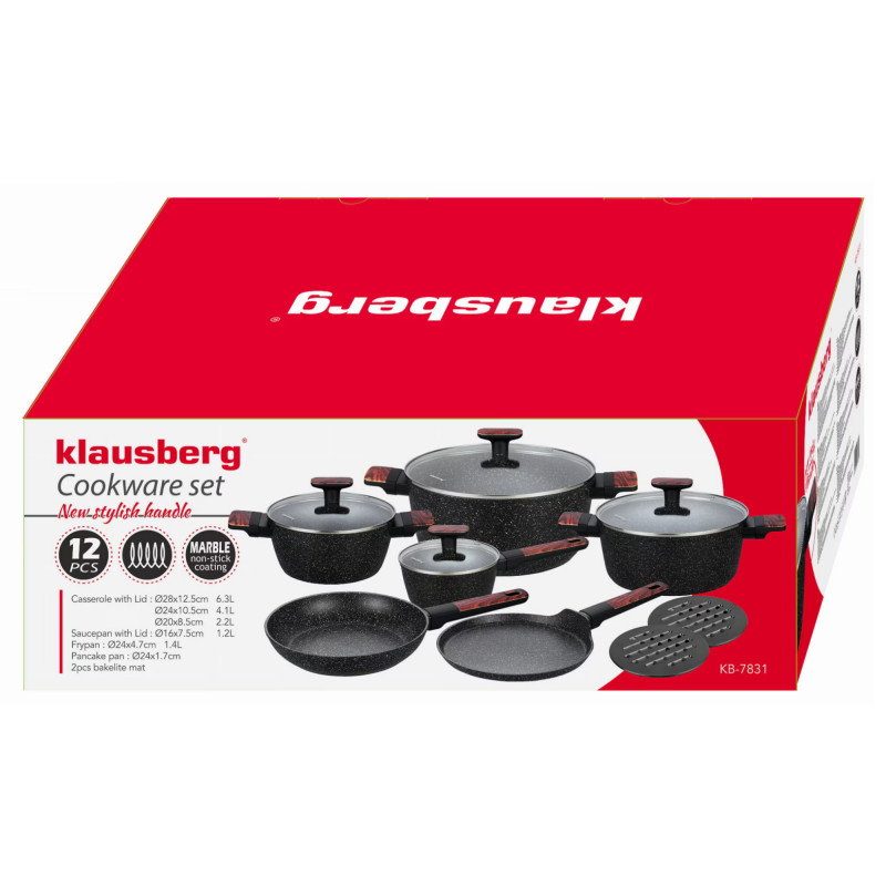 Σετ κατσαρόλες και τηγάνια Klausberg KB 7831, 12 h, χυτό, Μαρμάρινη επίστρωση, Επαγωγή, Μαύρο