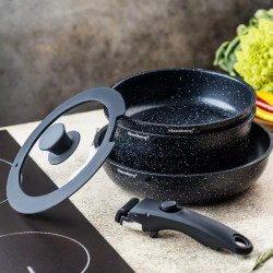 Σετ μαγειρικών σκευών Klausberg KB 7858, 5 τεμάχια, γυάλινο καπάκι, λαβή γενικής χρήσης, Μαρμάρινο φινίρισμα, Επαγωγή, Μαύρο
