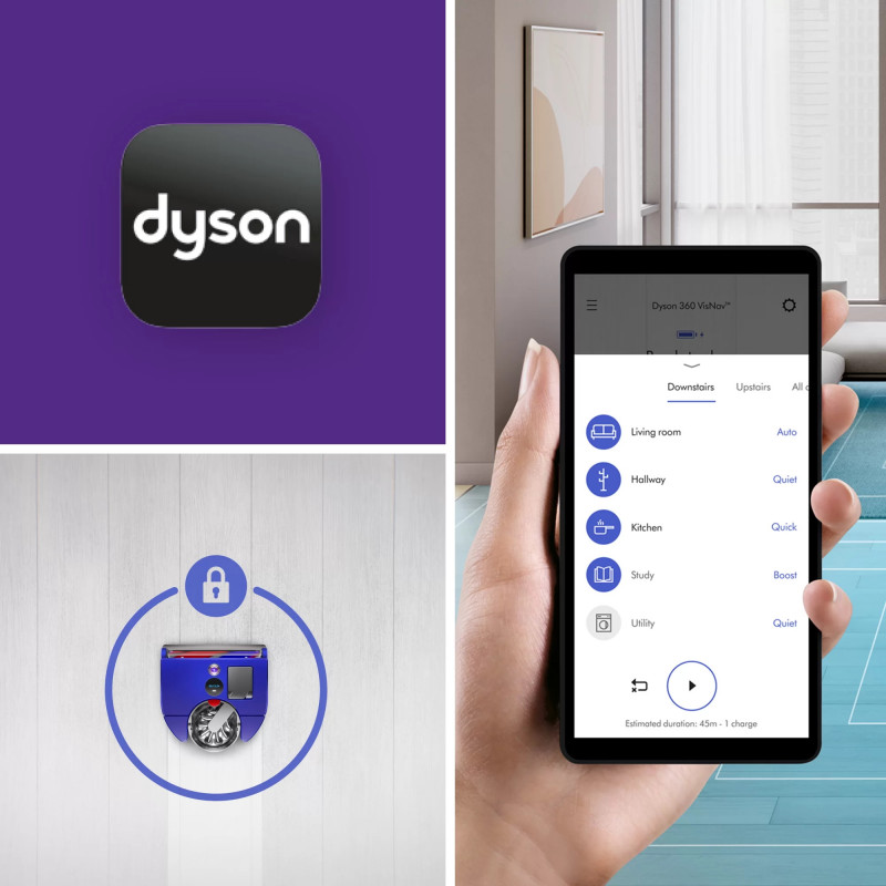 Ηλεκτρική σκούπα Dyson 360, 65 AW, 22000 Pa, 110000 rpm, 4 λειτουργίες, 360° οπτική πλοήγηση, Hyperdymium, Χαμηλό προφίλ, Μπλε/Νικελί