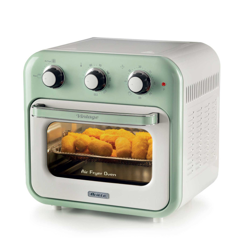 Φριτέζα-φούρνος ζεστού αέρα Ariete VINTAGE 4632/04, 1400W, 16 l, Μέχρι 230C, Χρονοδιακόπτης 60 min, Περιστρεφόμενο καλάθι, Λευκό/Πράσινο