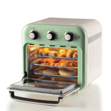 Φριτέζα-φούρνος ζεστού αέρα Ariete VINTAGE 4632/04, 1400W, 16 l, Μέχρι 230C, Χρονοδιακόπτης 60 min, Περιστρεφόμενο καλάθι, Λευκό/Πράσινο