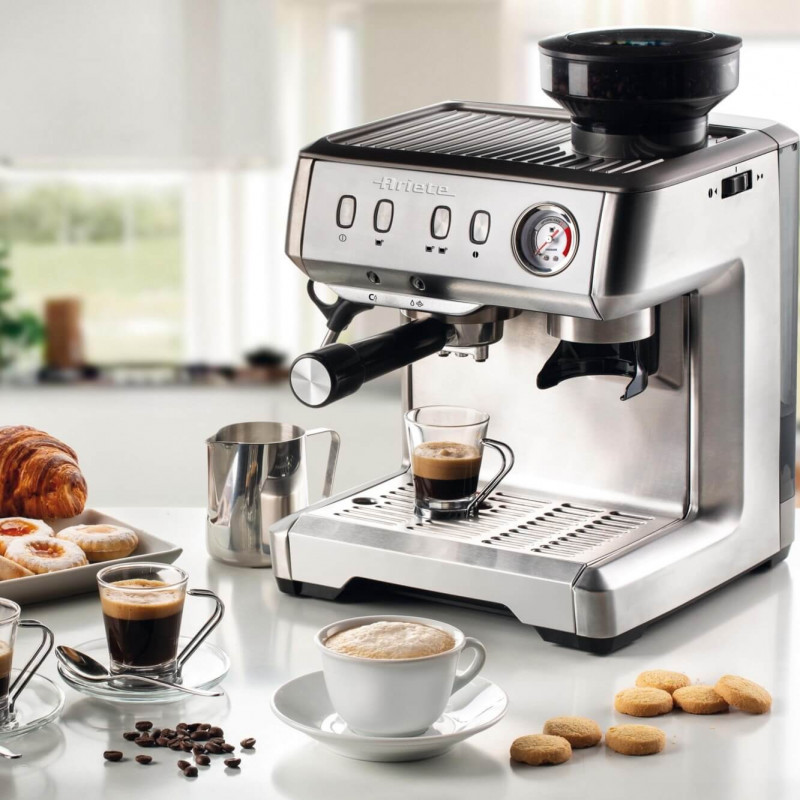 Μηχανή εσπρέσο Ariete ESPRESSO METAL 1313/10, 1600W, 15 bar, 2 l, Ενσωματωμένος μύλος καφέ με 11 ρυθμίσεις, Μανόμετρο, Inox