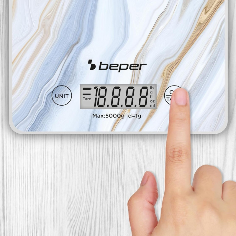 Ζυγαριά κουζίνας Beper P102BIL001, Μέχρι 5 κιλά, Οθόνη LCD, Στερεά τρόφιμα και υγρά, Έλεγχος αφής, Σκληρυμένο γυαλί, Μάρμαρο
