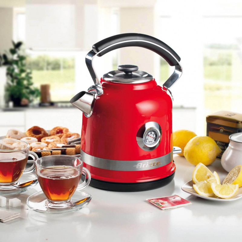 Ηλεκτρικός βραστήρας Ariete MODERNA 2854/00, 2000W, 1.7 l, Θερμόμετρο, ασύρματη βάση 360C, Αφαιρούμενο φίλτρο, Κόκκινο