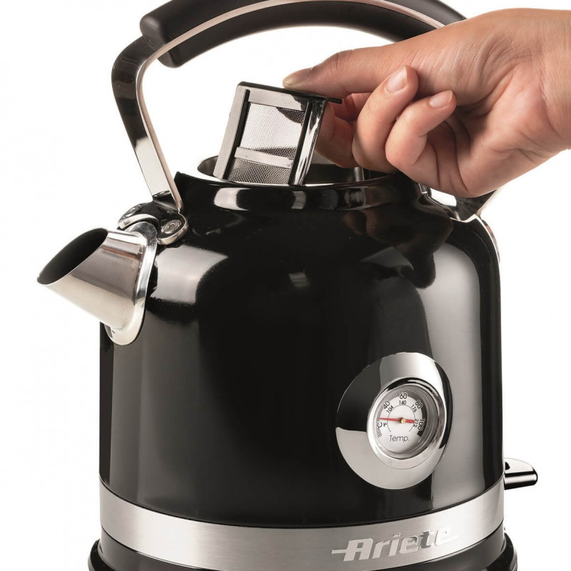 Ηλεκτρικός βραστήρας Ariete MODERNA 2854/02, 2000W, 1.7 l, Θερμόμετρο, ασύρματη βάση 360C, Αφαιρούμενο φίλτρο, Μαύρο