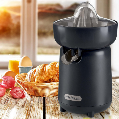 Πρέσα εσπεριδοειδών Ariete BREAKFAST 0417/00, 40W, Προστατευτικό κάλυμμα, 2 αφαιρούμενοι κώνοι, Στόμιο ανοίγματος και κλεισίματος, Σκούρο γκρι