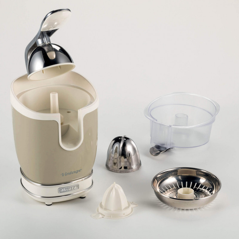 Πρέσα εσπεριδοειδών Ariete VINTAGE JUICER 0413/03, 85W, Μεταλλικό σώμα, Αθόρυβη λειτουργία, 2 εξαρτήματα, Μπεζ