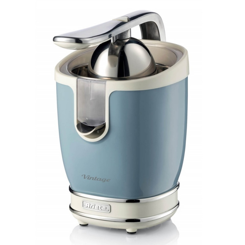 Πρέσα εσπεριδοειδών Ariete VINTAGE JUICER 0413/05, 85W, Μεταλλικό σώμα, Αθόρυβη λειτουργία, 2 εξαρτήματα, Μπλε