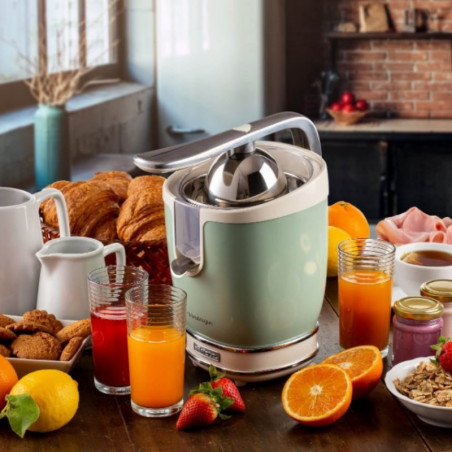 Πρέσα εσπεριδοειδών Ariete VINTAGE JUICER 0413/04, 85W, Μεταλλικό σώμα, Αθόρυβη λειτουργία, 2 εξαρτήματα, Πράσινο