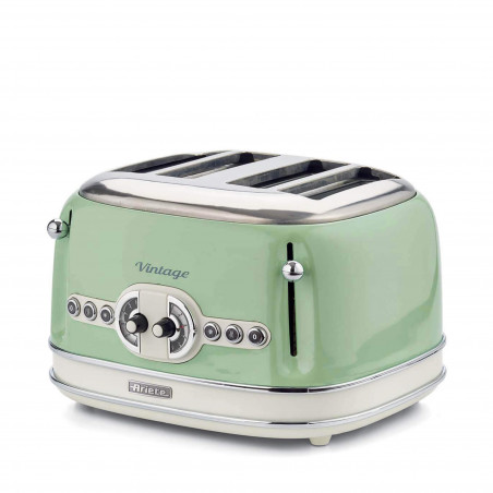 Τοστιέρα ψωμιού Ariete VINTAGE 0156/04, 1600W, 4 φέτες, 3 λειτουργίες, 6 στάδια, Αφαιρούμενος δίσκος ψίχας, Πράσινο