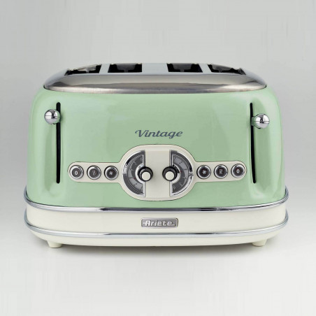 Τοστιέρα ψωμιού Ariete VINTAGE 0156/04, 1600W, 4 φέτες, 3 λειτουργίες, 6 στάδια, Αφαιρούμενος δίσκος ψίχας, Πράσινο