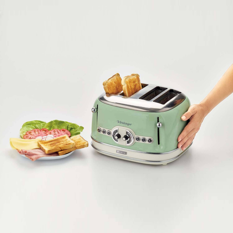 Τοστιέρα ψωμιού Ariete VINTAGE 0156/04, 1600W, 4 φέτες, 3 λειτουργίες, 6 στάδια, Αφαιρούμενος δίσκος ψίχας, Πράσινο