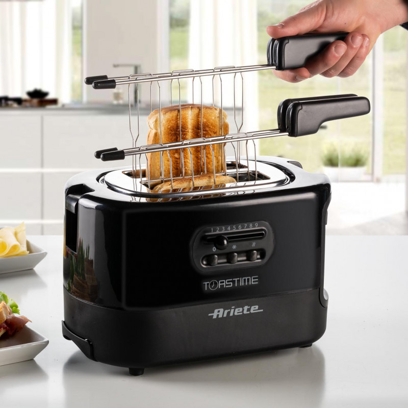 Τοστιέρα ψωμιού Ariete TOASTIME 0159/02, 700W, 2 φέτες, 3 λειτουργίες, 9 στάδια, Αφαιρούμενος δίσκος ψίχας, Μαύρο