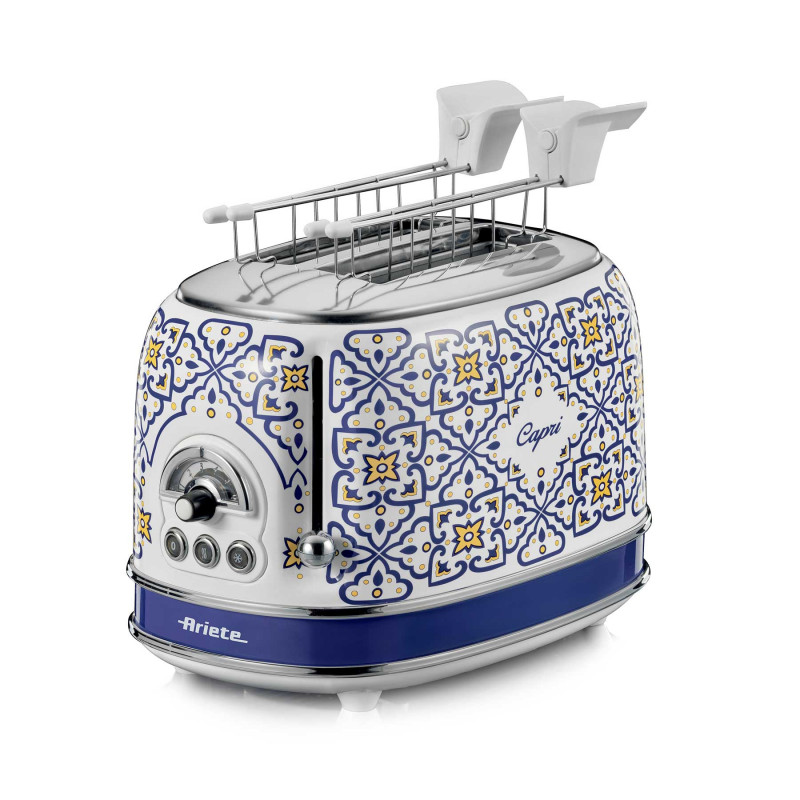 Τοστιέρα ψωμιού Ariete Capri 0155/0C, 810W, 2 φέτες, 3 λειτουργίες, 6 στάδια, Αφαιρούμενος δίσκος ψίχας, Λευκό/Μπλε