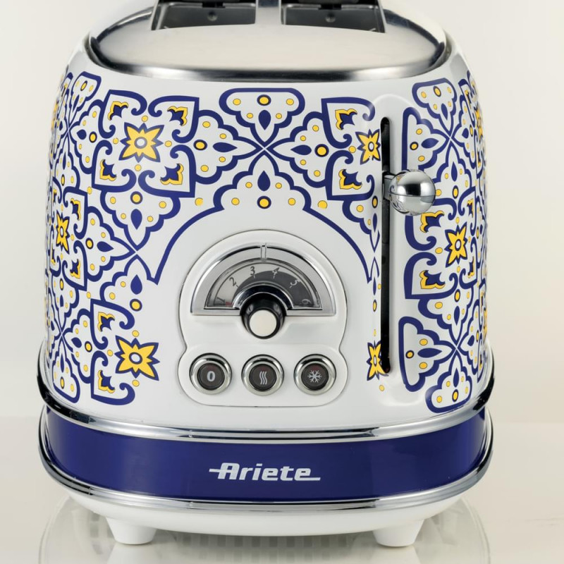 Τοστιέρα ψωμιού Ariete Capri 0155/0C, 810W, 2 φέτες, 3 λειτουργίες, 6 στάδια, Αφαιρούμενος δίσκος ψίχας, Λευκό/Μπλε