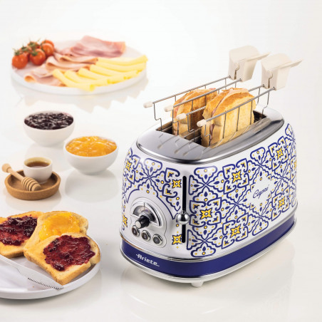 Τοστιέρα ψωμιού Ariete Capri 0155/0C, 810W, 2 φέτες, 3 λειτουργίες, 6 στάδια, Αφαιρούμενος δίσκος ψίχας, Λευκό/Μπλε