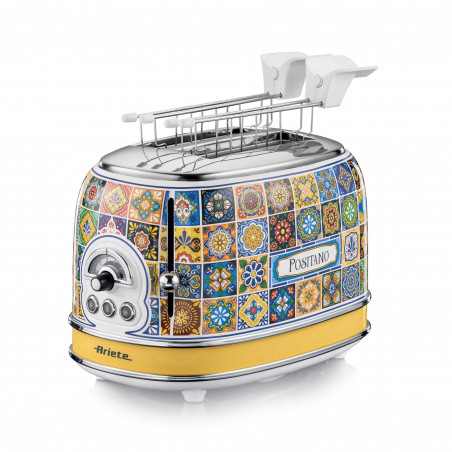 Τοστιέρα ψωμιού Ariete Positano 0155/0P, 810W, 2 φέτες, 3 λειτουργίες, 6 στάδια, Κινητός δίσκος ψίχας, Λευκό/Κίτρινο