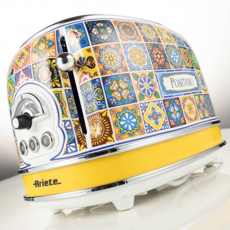 Τοστιέρα ψωμιού Ariete Positano 0155/0P, 810W, 2 φέτες, 3 λειτουργίες, 6 στάδια, Κινητός δίσκος ψίχας, Λευκό/Κίτρινο