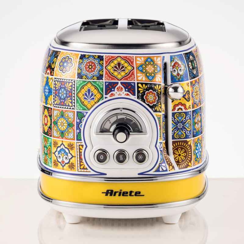 Τοστιέρα ψωμιού Ariete Positano 0155/0P, 810W, 2 φέτες, 3 λειτουργίες, 6 στάδια, Κινητός δίσκος ψίχας, Λευκό/Κίτρινο