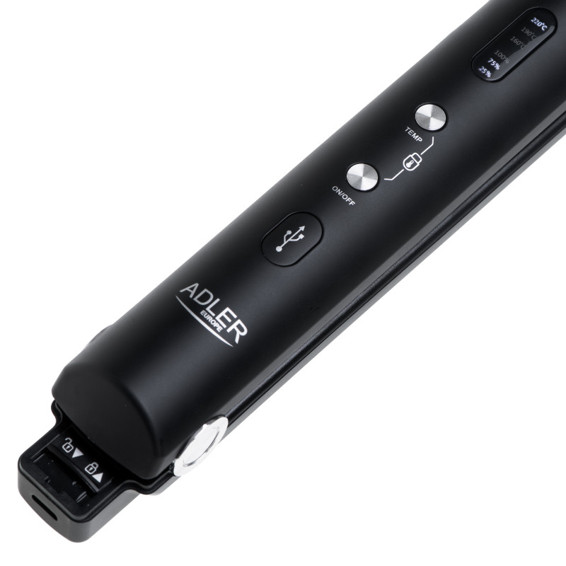 Ίσιωμα μαλλιών Adler AD 2327, 70W, Πλωτές πλάκες, Κεραμικό, Αυτονομία 50 λεπτά, 3 επίπεδα έως 200C, Μαύρο