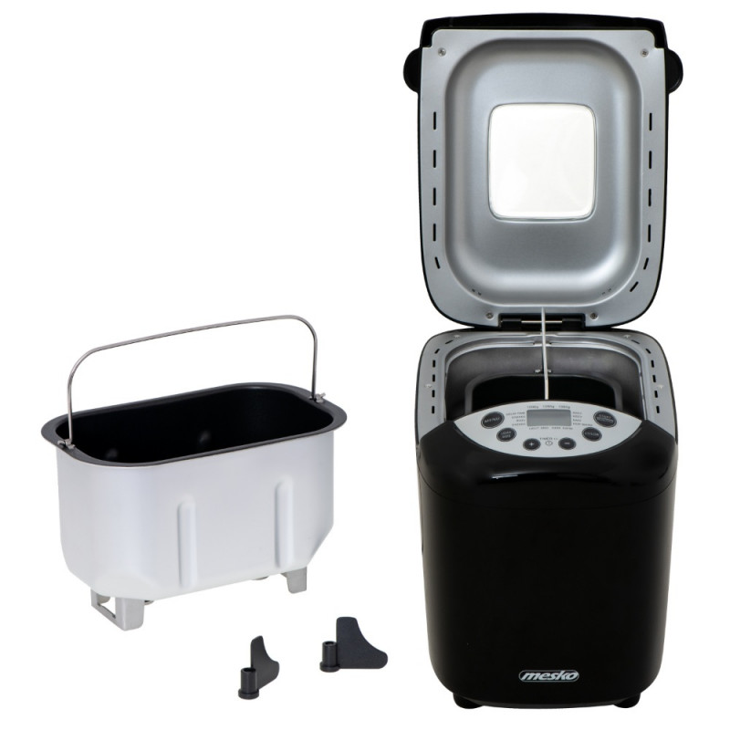Mesko MS 6022 αρτοπαρασκευαστής, 1/1,5 kg, 850 W, 15 προγράμματα, οθόνη LCD, διπλός αναδευτήρας, κινητό καλάθι, Μαύρο