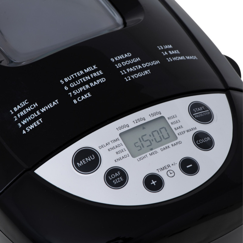 Mesko MS 6022 αρτοπαρασκευαστής, 1/1,5 kg, 850 W, 15 προγράμματα, οθόνη LCD, διπλός αναδευτήρας, κινητό καλάθι, Μαύρο