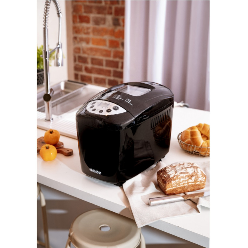 Mesko MS 6022 αρτοπαρασκευαστής, 1/1,5 kg, 850 W, 15 προγράμματα, οθόνη LCD, διπλός αναδευτήρας, κινητό καλάθι, Μαύρο