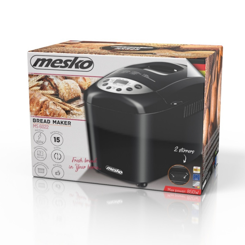 Mesko MS 6022 αρτοπαρασκευαστής, 1/1,5 kg, 850 W, 15 προγράμματα, οθόνη LCD, διπλός αναδευτήρας, κινητό καλάθι, Μαύρο