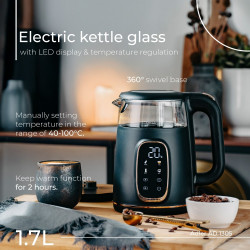Ηλεκτρικός βραστήρας Adler AD 1305, 1850/2200 W, 1,7 l, Έλεγχος αφής, Έγχρωμη οθόνη LCD, Πέντε ρυθμίσεις θερμοκρασίας 40-100°C, Φίλτρο κατά της καθίζησης, Μαύρο/χρυσό