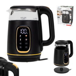 Ηλεκτρικός βραστήρας Adler AD 1305, 1850/2200 W, 1,7 l, Έλεγχος αφής, Έγχρωμη οθόνη LCD, Πέντε ρυθμίσεις θερμοκρασίας 40-100°C, Φίλτρο κατά της καθίζησης, Μαύρο/χρυσό