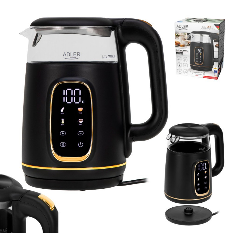 Ηλεκτρικός βραστήρας Adler AD 1305, 1850/2200 W, 1,7 l, Έλεγχος αφής, Έγχρωμη οθόνη LCD, Πέντε ρυθμίσεις θερμοκρασίας 40-100°C, Φίλτρο κατά της καθίζησης, Μαύρο/χρυσό