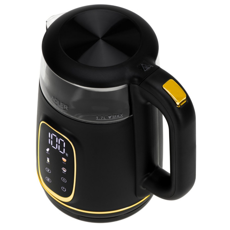Ηλεκτρικός βραστήρας Adler AD 1305, 1850/2200 W, 1,7 l, Έλεγχος αφής, Έγχρωμη οθόνη LCD, Πέντε ρυθμίσεις θερμοκρασίας 40-100°C, Φίλτρο κατά της καθίζησης, Μαύρο/χρυσό
