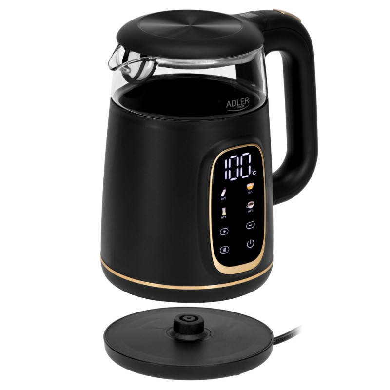 Ηλεκτρικός βραστήρας Adler AD 1305, 1850/2200 W, 1,7 l, Έλεγχος αφής, Έγχρωμη οθόνη LCD, Πέντε ρυθμίσεις θερμοκρασίας 40-100°C, Φίλτρο κατά της καθίζησης, Μαύρο/χρυσό