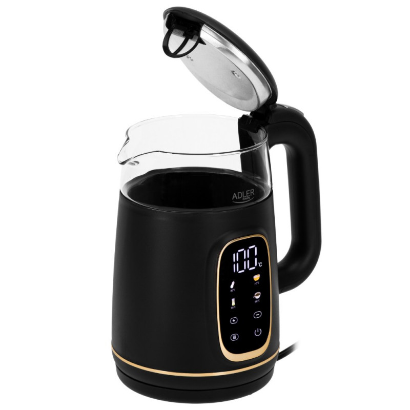 Ηλεκτρικός βραστήρας Adler AD 1305, 1850/2200 W, 1,7 l, Έλεγχος αφής, Έγχρωμη οθόνη LCD, Πέντε ρυθμίσεις θερμοκρασίας 40-100°C, Φίλτρο κατά της καθίζησης, Μαύρο/χρυσό
