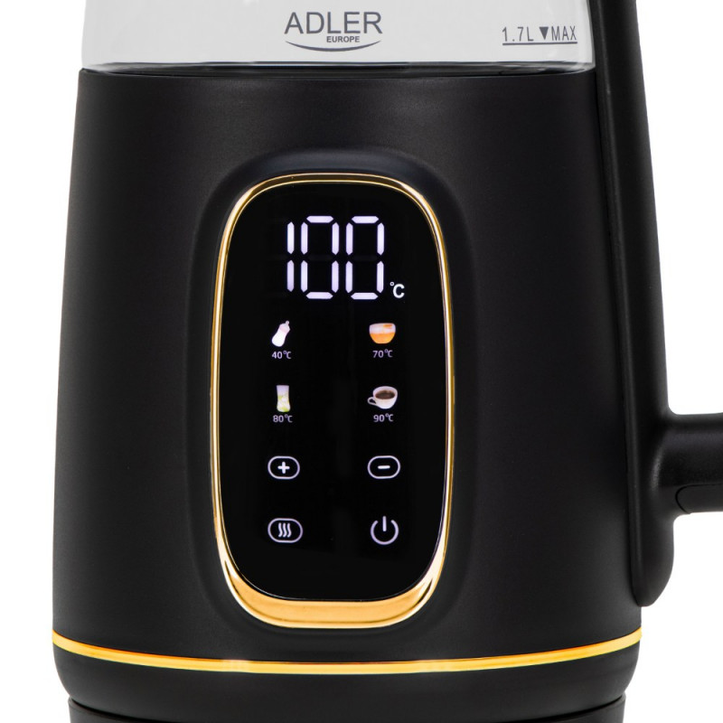 Ηλεκτρικός βραστήρας Adler AD 1305, 1850/2200 W, 1,7 l, Έλεγχος αφής, Έγχρωμη οθόνη LCD, Πέντε ρυθμίσεις θερμοκρασίας 40-100°C, Φίλτρο κατά της καθίζησης, Μαύρο/χρυσό