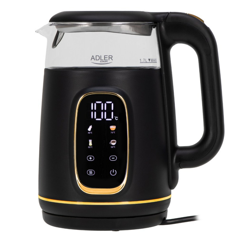 Ηλεκτρικός βραστήρας Adler AD 1305, 1850/2200 W, 1,7 l, Έλεγχος αφής, Έγχρωμη οθόνη LCD, Πέντε ρυθμίσεις θερμοκρασίας 40-100°C, Φίλτρο κατά της καθίζησης, Μαύρο/χρυσό