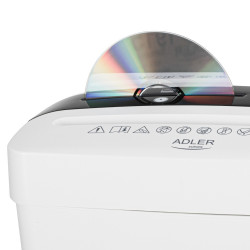 Καταστροφέας εγγράφων Adler AD 1037, 200 W, 13 L, Μέχρι 22 cm, 6 φύλλα τη φορά, Υποδοχή για CD/DVD και πιστωτικές κάρτες, Αυτόματη εκκίνηση/διακοπή, Λειτουργία αντιστροφής, 69 dB, Λευκό