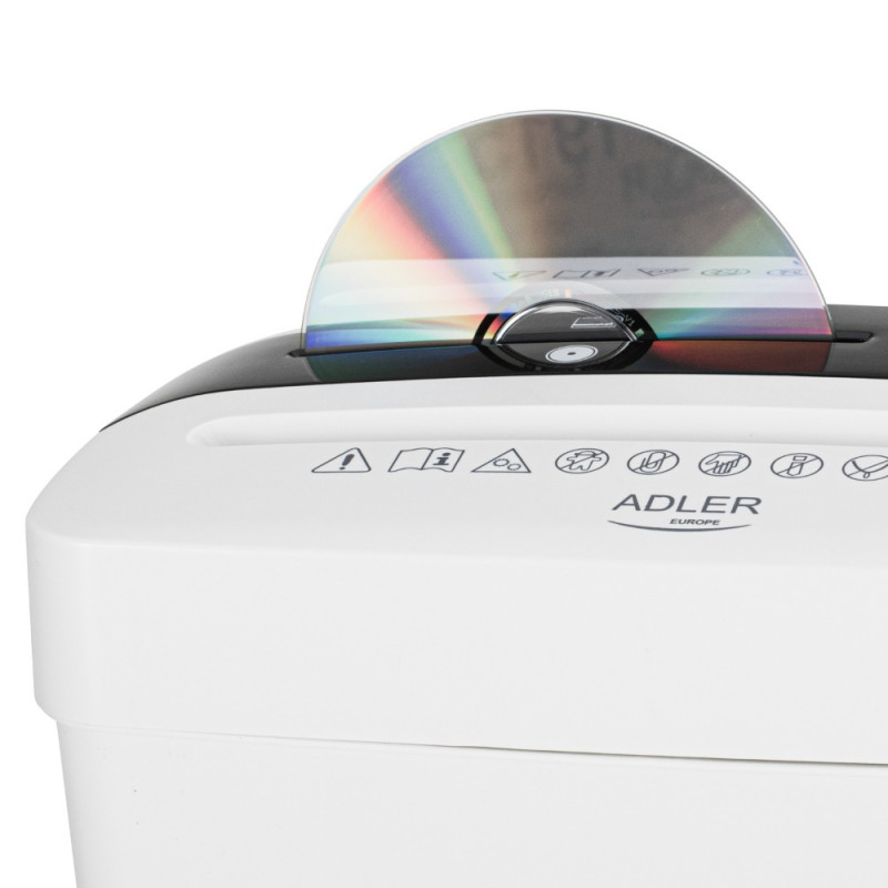 Καταστροφέας εγγράφων Adler AD 1037, 200 W, 13 L, Μέχρι 22 cm, 6 φύλλα τη φορά, Υποδοχή για CD/DVD και πιστωτικές κάρτες, Αυτόματη εκκίνηση/διακοπή, Λειτουργία αντιστροφής, 69 dB, Λευκό